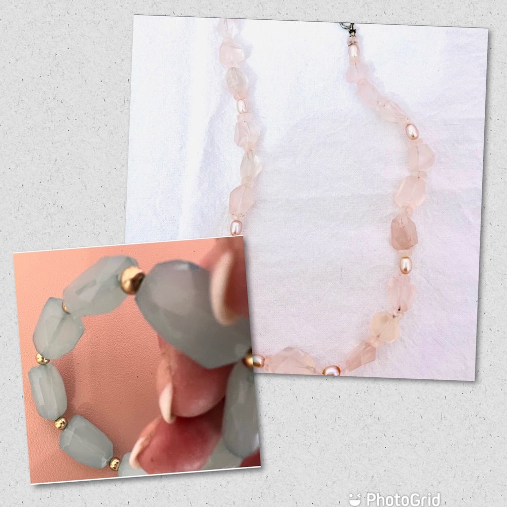 Rose Quartz Necklace & sea glass green bracelet.
